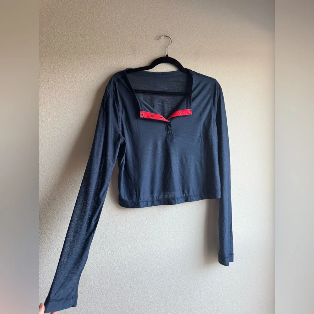 Free People Movement Sheer Pop Henley Blue Orange Long Sleeve size medium - Picture 3 of 6